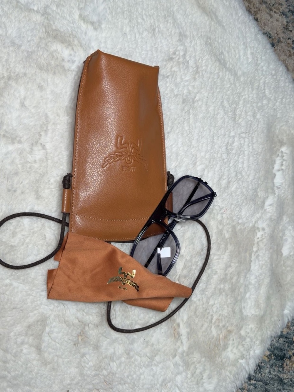 MCM Brown Leather Sunglasses Case with Brown Microfiber Cloth & Black Sunglasses